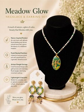 Pastel Beaded Necklace & Earring Set - Green Enamel Pendant